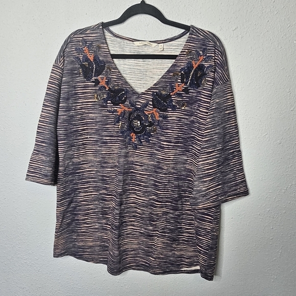 Soft Surroundings Womens M Medium Tunic Blouse V Neck Texture Beaded Applique - Picture 1 of 8